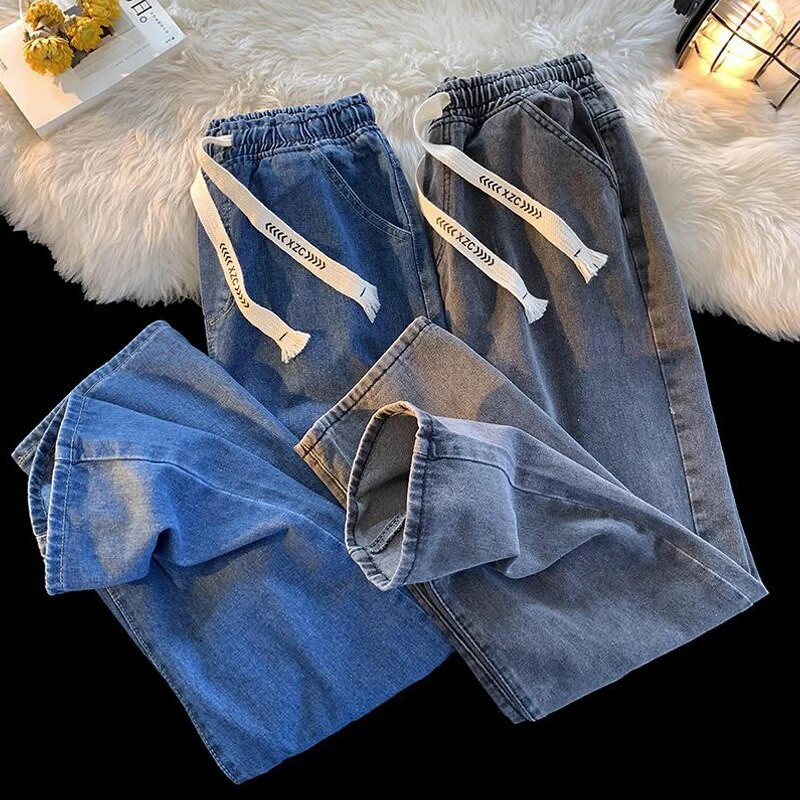 2023. aasta uued elastse vöökohaga teksad naistele, suuremõõtmelised lahtised sirge pingutusnööriga teksapüksid, vintage laia säärega püksid S-5XL