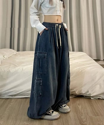 Grunge Hot Girl Vintage Μεγάλη τσέπη Oversized φαρδύ Cargo Jeans Femme ελαστική μέση ίσια φαρδύ παντελόνι τζιν γυναικείο παντελόνι