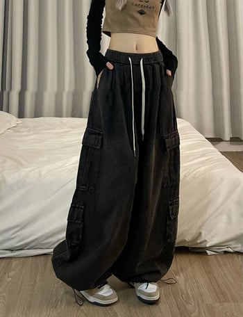 Grunge Hot Girl Vintage Μεγάλη τσέπη Oversized φαρδύ Cargo Jeans Femme ελαστική μέση ίσια φαρδύ παντελόνι τζιν γυναικείο παντελόνι