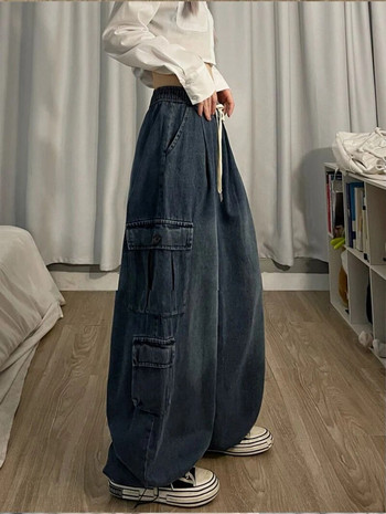 Grunge Hot Girl Vintage Μεγάλη τσέπη Oversized φαρδύ Cargo Jeans Femme ελαστική μέση ίσια φαρδύ παντελόνι τζιν γυναικείο παντελόνι