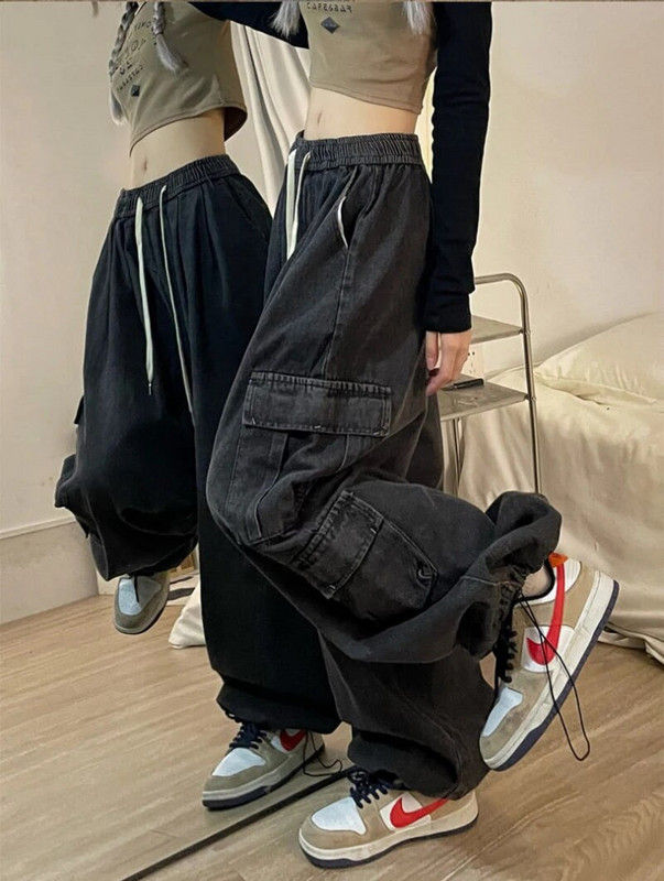 Grunge Hot Girl Vintage Big Pocket Oversized Baggy Cargo Jeans Moteriški elastingas juosmuo tiesus plačios kelnės džinsinės kelnės moteriškos