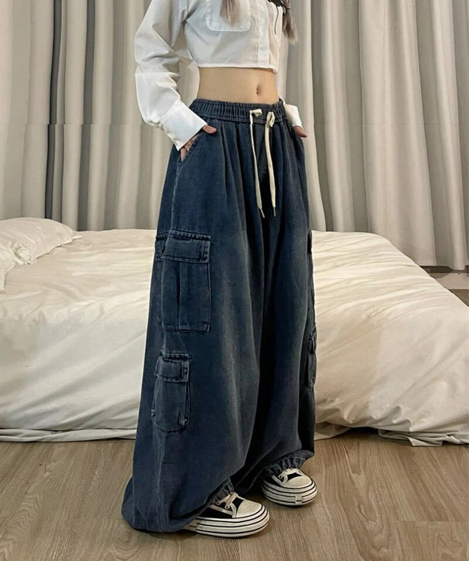 Grunge Hot Girl Vintage Big Pocket Oversized Baggy Cargo Jeans Moteriški elastingas juosmuo tiesus plačios kelnės džinsinės kelnės moteriškos