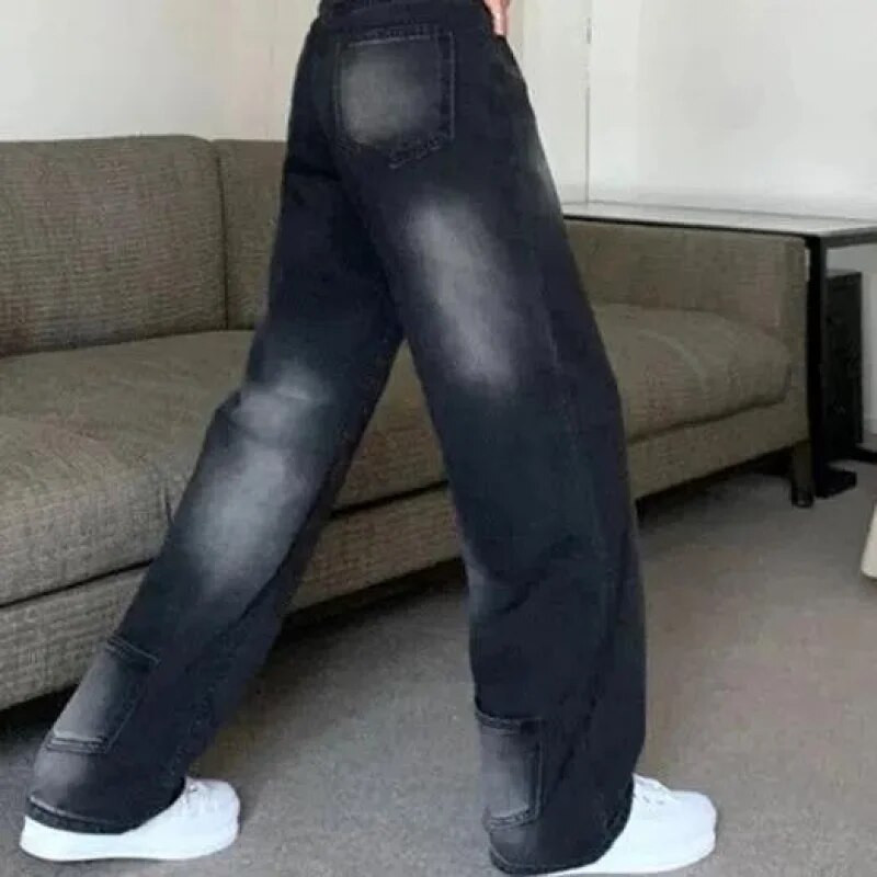 New Fashion Niche Design Sense Color Contrast Ίσιο τζιν Γυναικείο ψηλόμεσο με πολλές τσέπες Φαρδύ παντελόνι με φαρδύ πόδι