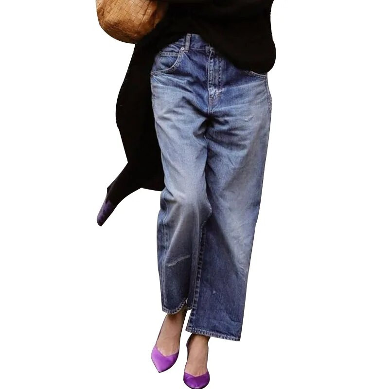 Mood lahtised teksad Naiste retro laia säärega teksapüksid Uued tänavapüksid vabaaja pestud ema püksid