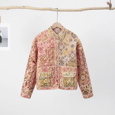 Vintage Floral print Φθινοπωρινό μπουφάν Γυναικείο Χαλαρό Χειμερινό βαμβακερό Παλτό Μακρυμάνικο Γυναικείο Μόδα Τσέπη Streetwear Χοντρά παλτό