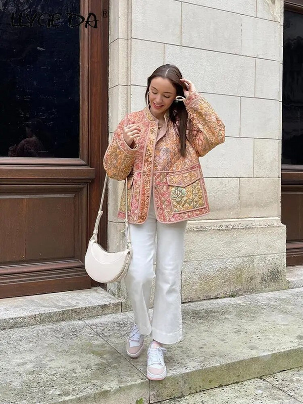 Vintage Floral print Φθινοπωρινό μπουφάν Γυναικείο Χαλαρό Χειμερινό βαμβακερό Παλτό Μακρυμάνικο Γυναικείο Μόδα Τσέπη Streetwear Χοντρά παλτό