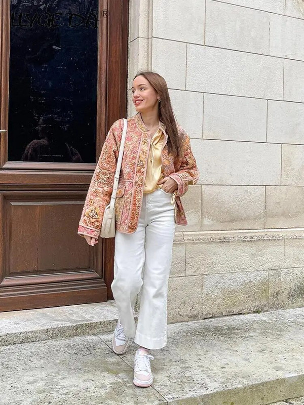 Vintage Floral print Φθινοπωρινό μπουφάν Γυναικείο Χαλαρό Χειμερινό βαμβακερό Παλτό Μακρυμάνικο Γυναικείο Μόδα Τσέπη Streetwear Χοντρά παλτό