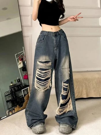 Jmprs Y2K Vintage Black Hole Γυναικεία τζιν Bf Ψηλόμεση Hip Hop Ripped Loose Wide Leg Παντελόνι Κορεατικό ίσιο τζιν παντελόνι Νέο