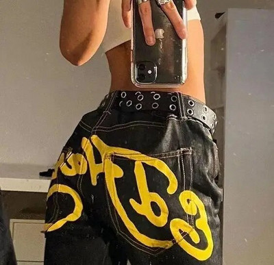 Uued Y2K Streetwear vabaaja suurte taskuprintidega püksid Meeste mood must sirge laia säärega püksid kottis teksapüksid teksapüksid