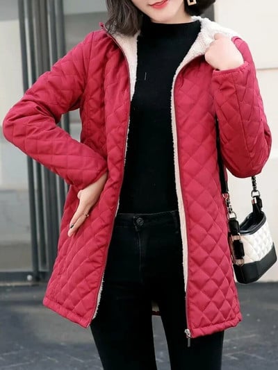 Naiste talvejope kapuutsiga soe lambalihast vooder Parketid keskmise pikkusega vabaaja jope Puuvillapolsterdatud jope Oversize talvemantel