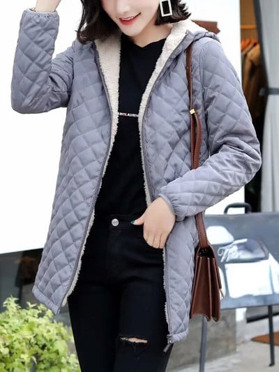 Naiste talvejope kapuutsiga soe lambalihast vooder Parketid keskmise pikkusega vabaaja jope Puuvillapolsterdatud jope Oversize talvemantel