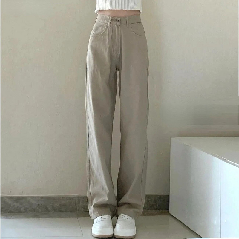 Traperice Ženski kaki traper Jesen Novi dolazak Hlače širokih nogavica Visokog struka Slatka prikladna estetska odjeća Harajuku Jednobojni Mujer