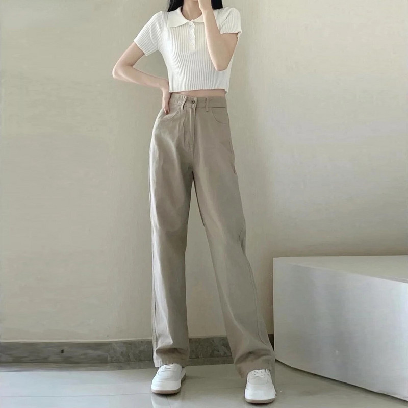 Traperice Ženski kaki traper Jesen Novi dolazak Hlače širokih nogavica Visokog struka Slatka prikladna estetska odjeća Harajuku Jednobojni Mujer