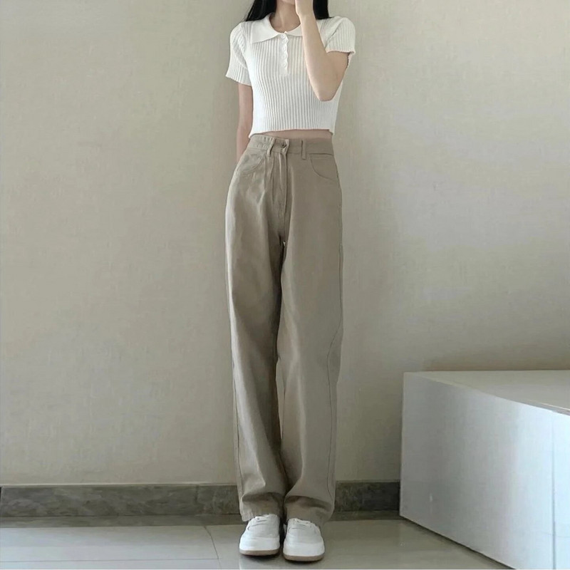 Traperice Ženski kaki traper Jesen Novi dolazak Hlače širokih nogavica Visokog struka Slatka prikladna estetska odjeća Harajuku Jednobojni Mujer