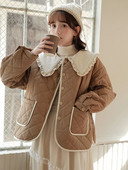 Naiste puuvillane polsterdatud jope, armas Peter Pan krae, pikkade varrukatega naiste park, 2023. aasta sügistalvine lahtise nööbiga naiste mantel