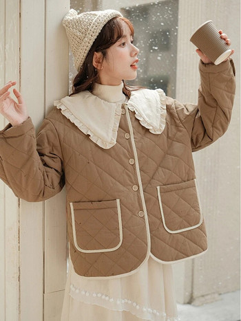 Дамско яке с памучна подплата и сладка дамска парка с дълги ръкави с яка на Питър Пан 2023 Есен Зима Дамско палто със свободни копчета