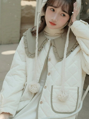 Γυναικείο μπουφάν με βαμβακερό ιδρώτα Γυναικείο μακρυμάνικο γιακά Peter Pan Γυναικείο παλτό 2023 Φθινόπωρο Χειμώνας με χαλαρά κουμπιά