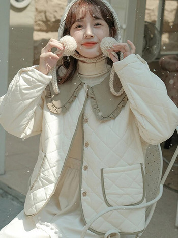 Дамско яке с памучна подплата и сладка дамска парка с дълги ръкави с яка на Питър Пан 2023 Есен Зима Дамско палто със свободни копчета