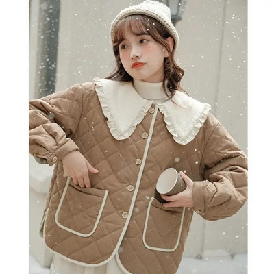 Naiste puuvillane polsterdatud jope, armas Peter Pan krae, pikkade varrukatega naiste park, 2023. aasta sügistalvine lahtise nööbiga naiste mantel