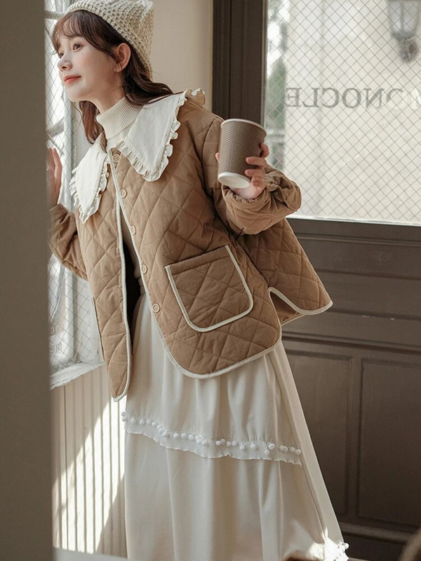 Naiste puuvillane polsterdatud jope, armas Peter Pan krae, pikkade varrukatega naiste park, 2023. aasta sügistalvine lahtise nööbiga naiste mantel