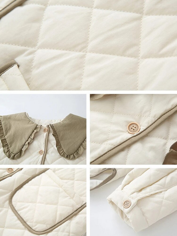 Naiste puuvillane polsterdatud jope, armas Peter Pan krae, pikkade varrukatega naiste park, 2023. aasta sügistalvine lahtise nööbiga naiste mantel