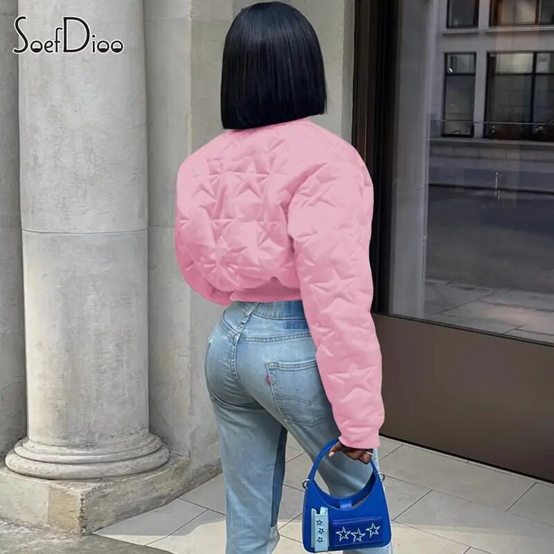 Soefdioo Star Emboss Casual Užtrauktukas Fly Patchwork Ilgomis rankovėmis trumpomis Parkas Striukė Stora Šilta Moteriška 2023 m. žiemos gatvės viršutiniai drabužiai
