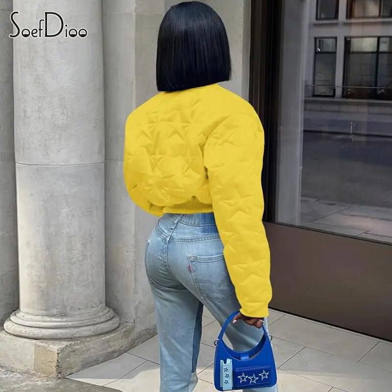 Soefdioo Star Emboss Casual Užtrauktukas Fly Patchwork Ilgomis rankovėmis trumpomis Parkas Striukė Stora Šilta Moteriška 2023 m. žiemos gatvės viršutiniai drabužiai