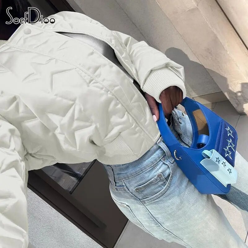 Soefdioo Star Emboss Casual Užtrauktukas Fly Patchwork Ilgomis rankovėmis trumpomis Parkas Striukė Stora Šilta Moteriška 2023 m. žiemos gatvės viršutiniai drabužiai