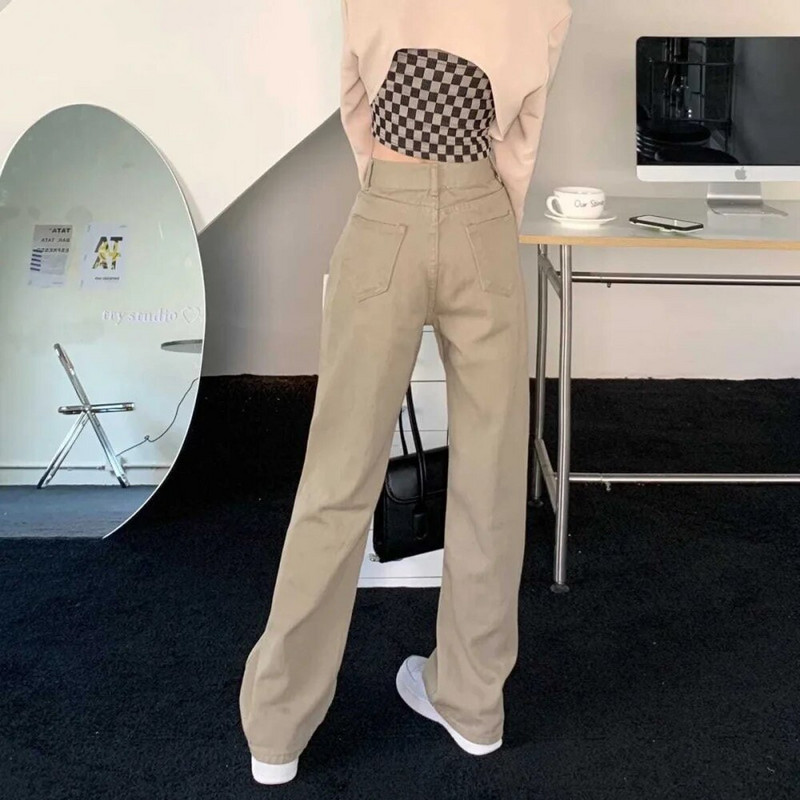 Khakivärvi naiste teksad Vintage kõrge vöökohaga sirge lahtised laiad püksid mood vabaaja Y2k naiste teksad püksid püksid
