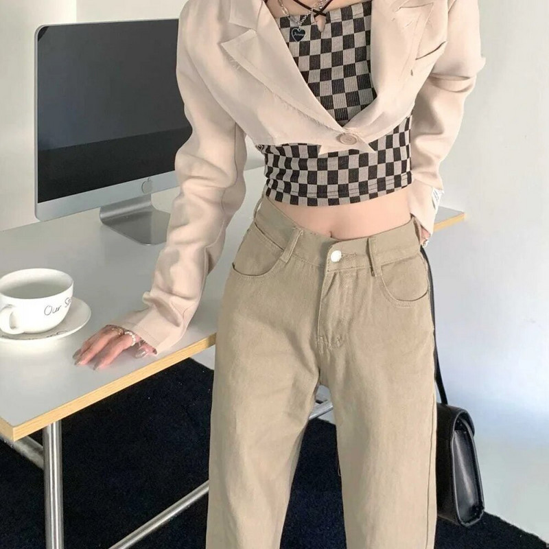 Khakivärvi naiste teksad Vintage kõrge vöökohaga sirge lahtised laiad püksid mood vabaaja Y2k naiste teksad püksid püksid