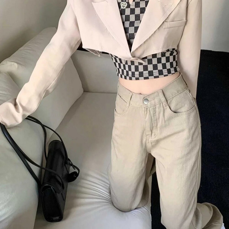 Khakivärvi naiste teksad Vintage kõrge vöökohaga sirge lahtised laiad püksid mood vabaaja Y2k naiste teksad püksid püksid