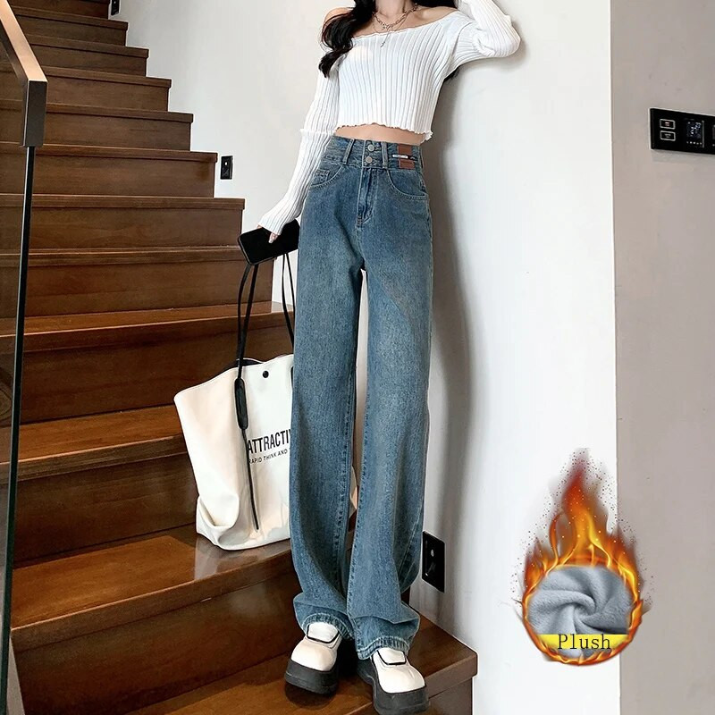 Talvebränd Naiste paks samet kõrge vöökoht laia säärega Teksad Puuvillane riietus Tänavarõivad Sirged teksapüksid soojad fliispüksid