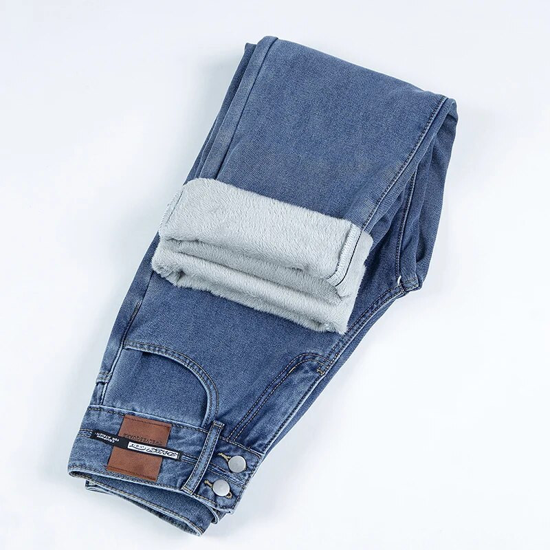 Talvebränd Naiste paks samet kõrge vöökoht laia säärega Teksad Puuvillane riietus Tänavarõivad Sirged teksapüksid soojad fliispüksid