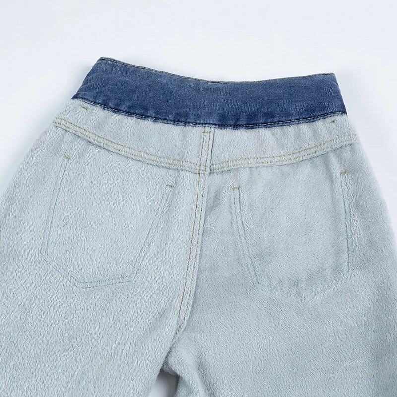 Talvebränd Naiste paks samet kõrge vöökoht laia säärega Teksad Puuvillane riietus Tänavarõivad Sirged teksapüksid soojad fliispüksid