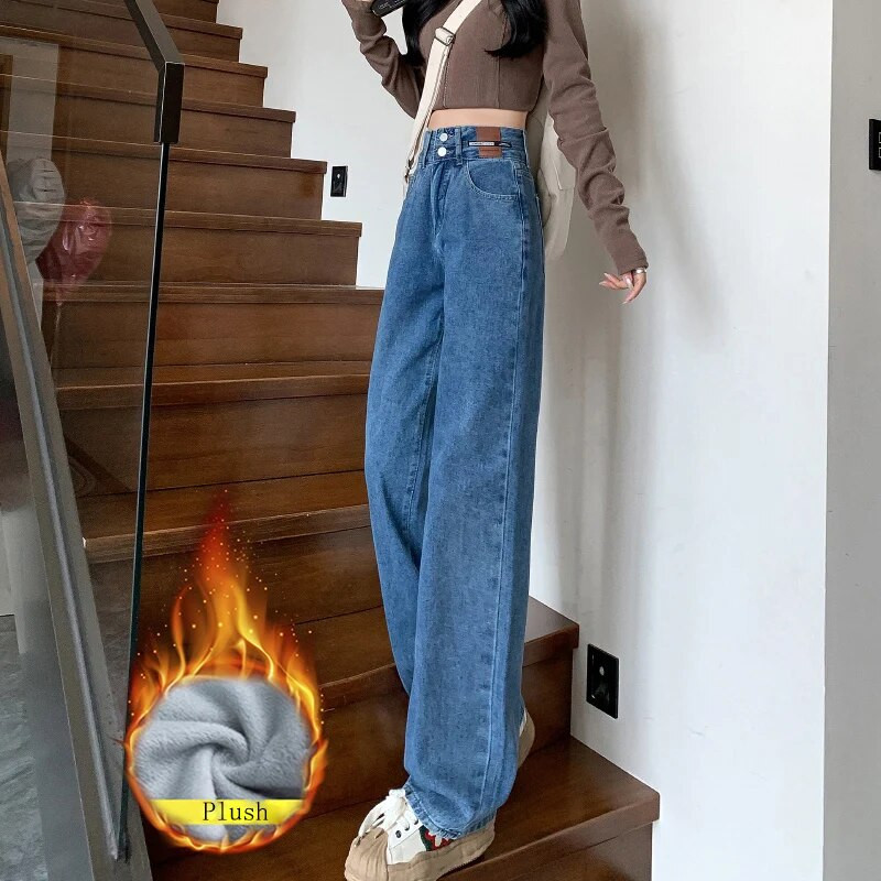 Talvebränd Naiste paks samet kõrge vöökoht laia säärega Teksad Puuvillane riietus Tänavarõivad Sirged teksapüksid soojad fliispüksid