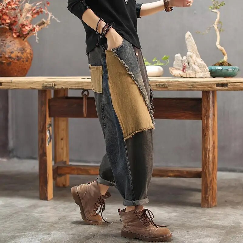 Kevadised naiste kõrge vöökohaga retrohaaremipüksid teksad 2023, uus vabaaja mood Harajuku puuvillased püksid, laia säärega redis