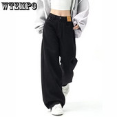 Mustad kottis sirged teksad Naiste Korea moe tänavarõivad kõrge vöökohaga laia säärega teksapüksid, naiste lahtised teksapüksid Y2K