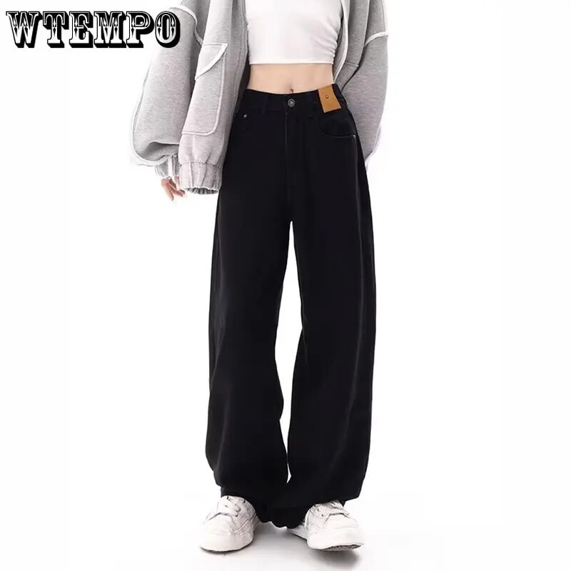 Mustad kottis sirged teksad Naiste Korea moe tänavarõivad kõrge vöökohaga laia säärega teksapüksid, naiste lahtised teksapüksid Y2K