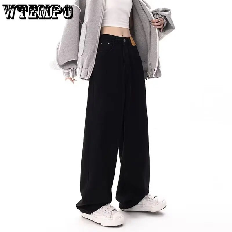 Mustad kottis sirged teksad Naiste Korea moe tänavarõivad kõrge vöökohaga laia säärega teksapüksid, naiste lahtised teksapüksid Y2K