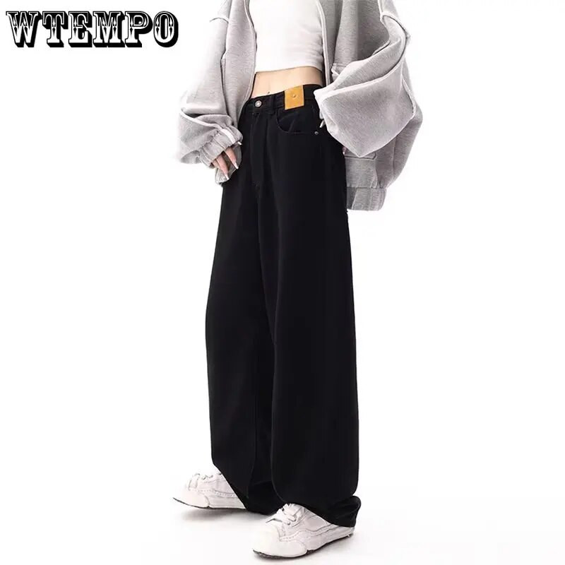 Mustad kottis sirged teksad Naiste Korea moe tänavarõivad kõrge vöökohaga laia säärega teksapüksid, naiste lahtised teksapüksid Y2K