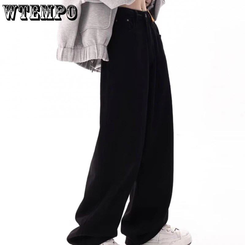 Mustad kottis sirged teksad Naiste Korea moe tänavarõivad kõrge vöökohaga laia säärega teksapüksid, naiste lahtised teksapüksid Y2K