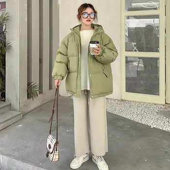 Νέο 2023 Γυναικείο κοντό μπουφάν Χειμερινό παλτό με χοντρή κουκούλα, βαμβακερή επένδυση Γυναικεία κορεάτικα φαρδιά Puffer Parkas Γυναικεία υπερμεγέθη Harajuku C
