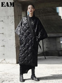 [EAM] Bandage, suur, pikk, puuvillase polsterdatud mantel V-krae, kolmveerandvarrukatega naiste pargid, mood uus sügistalv 2023 JD1860