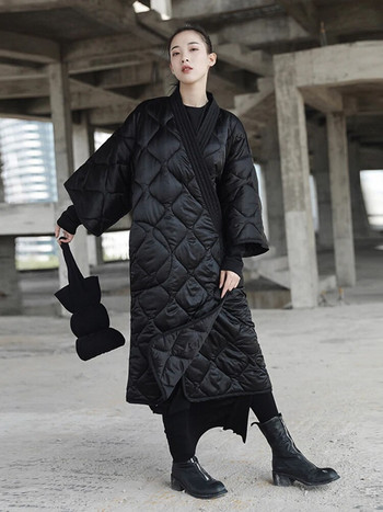 [EAM] Επίδεσμος μεγάλου μεγέθους Μακρύ παλτό με βαμβακερό γιακά V με μανίκια τριών τετάρτων Γυναικεία μόδα Parkas Νέο Φθινόπωρο Χειμώνας 2023 JD1860