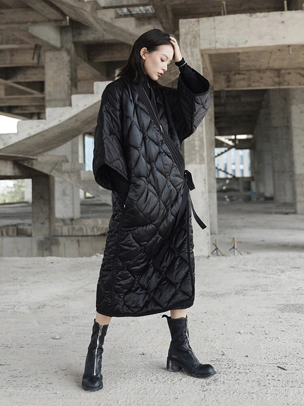 [EAM] Bandage, suur, pikk, puuvillase polsterdatud mantel V-krae, kolmveerandvarrukatega naiste pargid, mood uus sügistalv 2023 JD1860