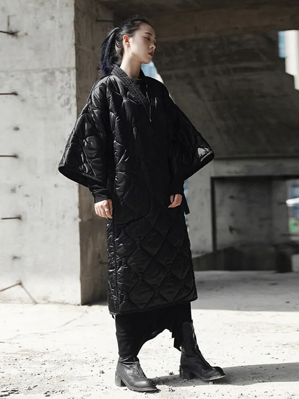 [EAM] Bandage, suur, pikk, puuvillase polsterdatud mantel V-krae, kolmveerandvarrukatega naiste pargid, mood uus sügistalv 2023 JD1860