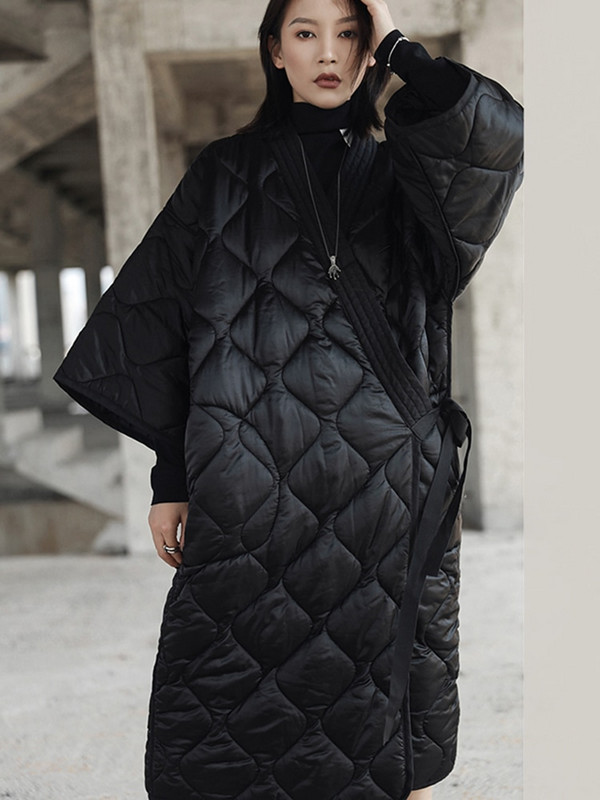 [EAM] Bandage, suur, pikk, puuvillase polsterdatud mantel V-krae, kolmveerandvarrukatega naiste pargid, mood uus sügistalv 2023 JD1860