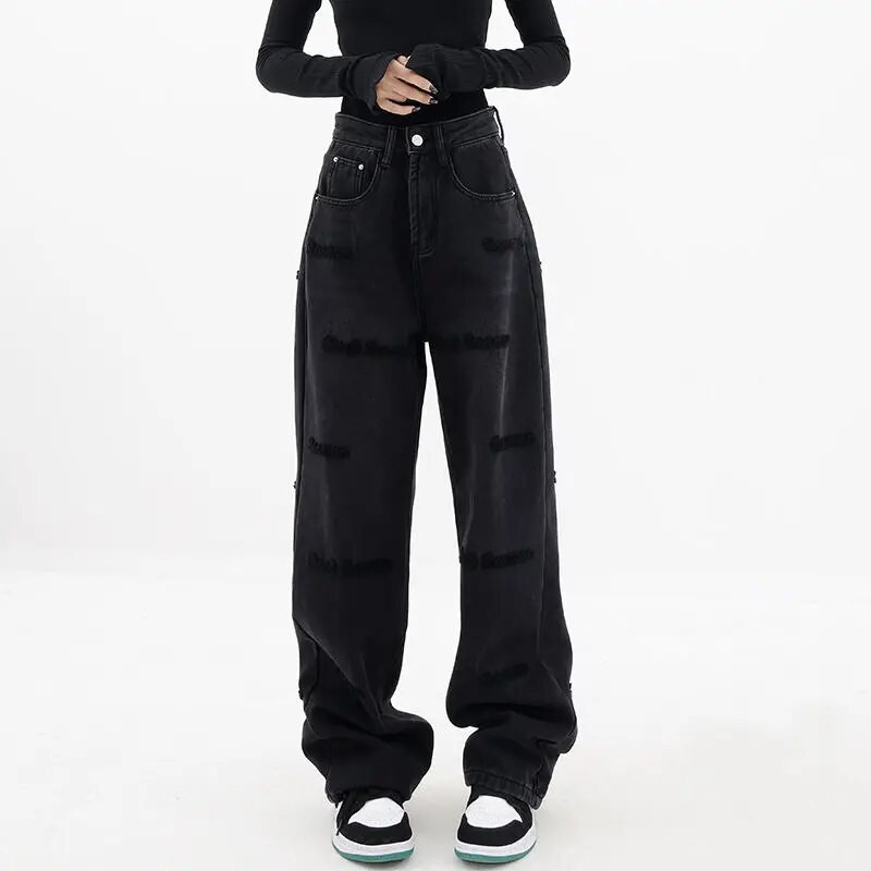 Proljetne i jesenske ravne traperice veće veličine za žene široke široke traperice uskog struka za brisanje poda široke nogavice