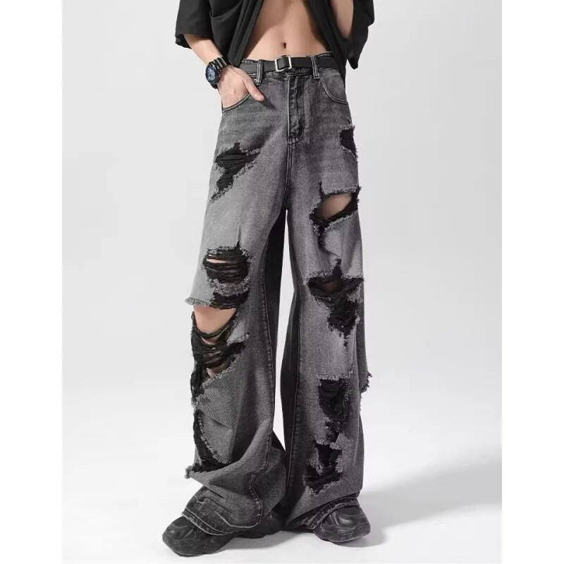 Juodi moteriški džinsai su aukštu juosmeniu Nudėvėtos amerikietiškos mados vintažinės gatvės apranga Y2K plačios kelnės Džinsinės moteriškos kelnės Baggy džinsinės kelnės