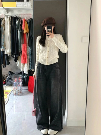 WCFCX STUDIO Sügises Ameerika stiilis pestud mustad teksad Naiste High Street sirge toru laia säärega pikad püksid šikk mood